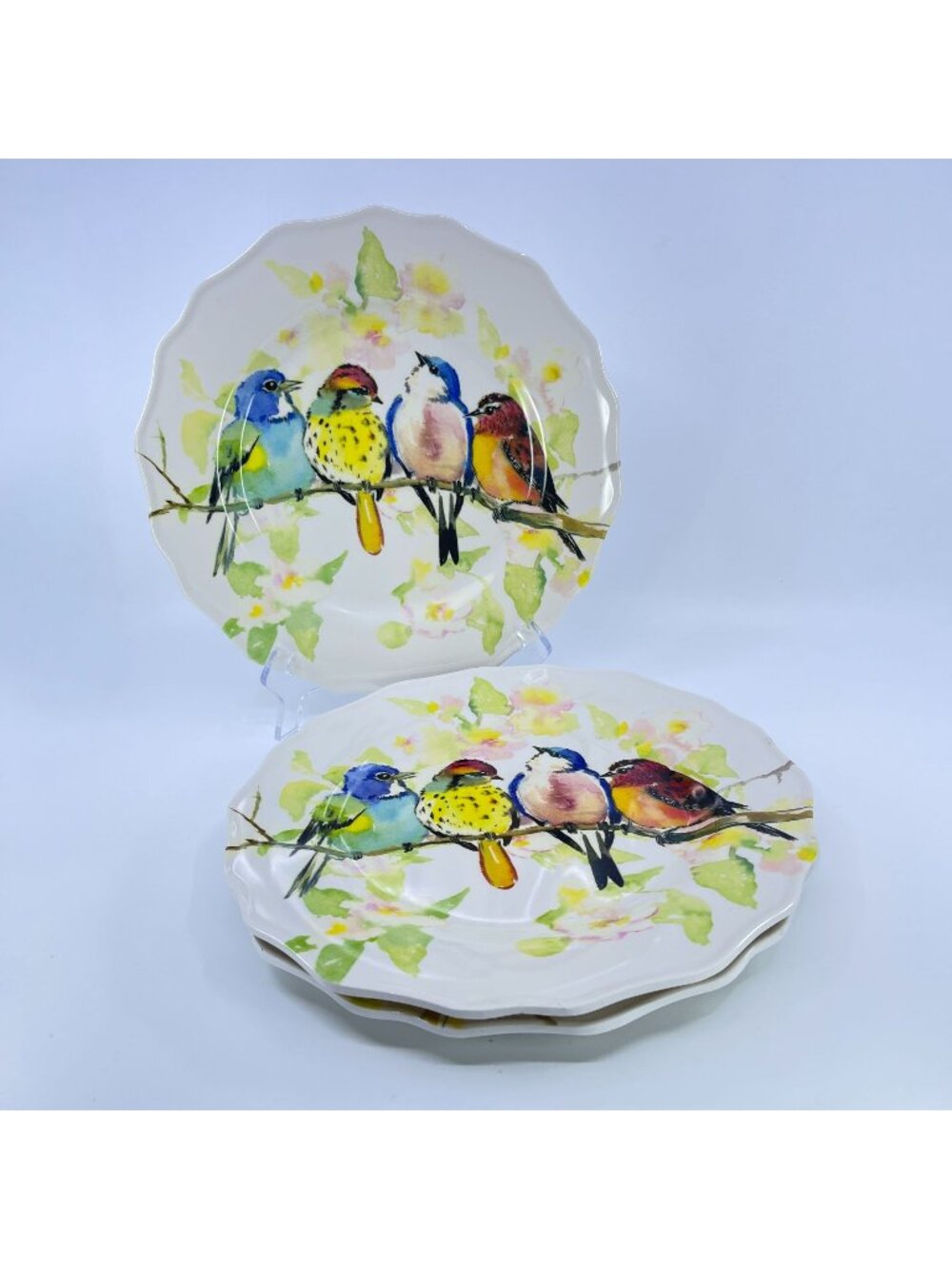 vintage pier1 "spring birds" dinner plate set of 3 scalloped edge